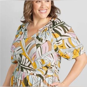 Lane Bryant Tropical Leaf Print Maxi Dress in Yellow, Pink, Olive, White